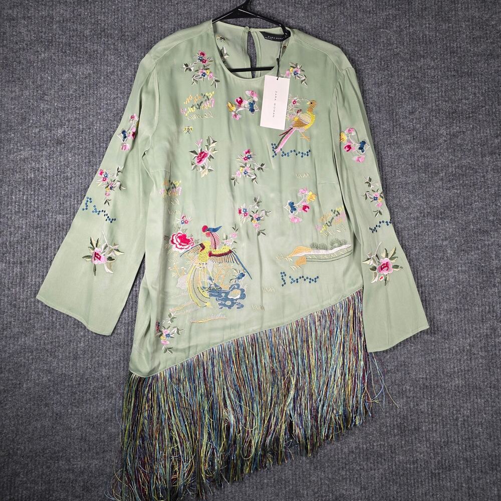 Zara Woman Embroidered Fringe Tunic Top Green Bird Floral NWT Size M
